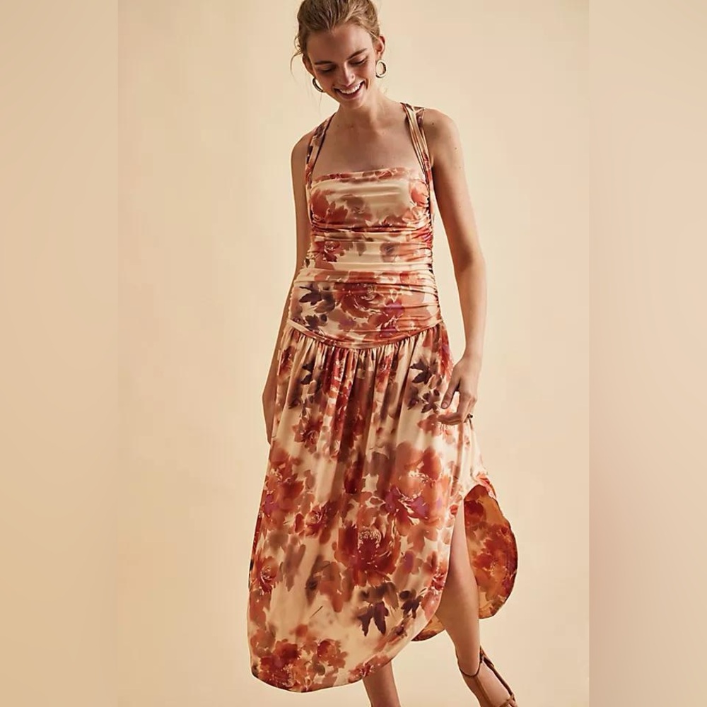 NWOT Free People Raylon Drop Waist Convertible Neckline Midi Orange Sz S - Picture 4 of 8
